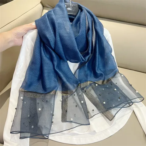 Fairy Style Women Satin Scarf with Artificial Pearls Gauze Edge Patchwork Long Elegant Scarf Shawl for Daily Party