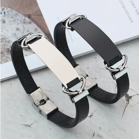 Vintage Litschi Muster Leder Edelstahl Armband Für Damen Herren Blanko ID Platte Geometrischer Modeschmuck Armreif