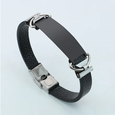 Vintage Litschi Muster Leder Edelstahl Armband Für Damen Herren Blanko ID Platte Geometrischer Modeschmuck Armreif