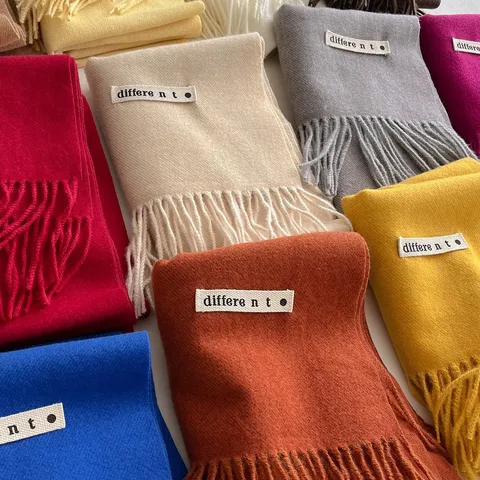 Solid Color Thickened Pashmina-Like Scarf with Tassels Korean Style Soft Large Shawl Wrap Winter Warm Polyester Scarf for Unisex