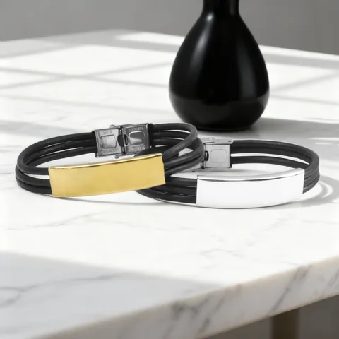 Retro Edelstahl PU Leder Mehrlagiges Armband Für Herren Damen Geometrische ID Tag Blank Armreif Unisex Schmuck Geschenk