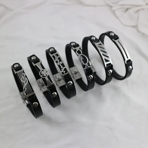 Unisex Titanium Steel Leather Bracelet Vintage Greek Key Meander Heartbeat Roman Numeral Love Pattern Couple Hand Jewelry