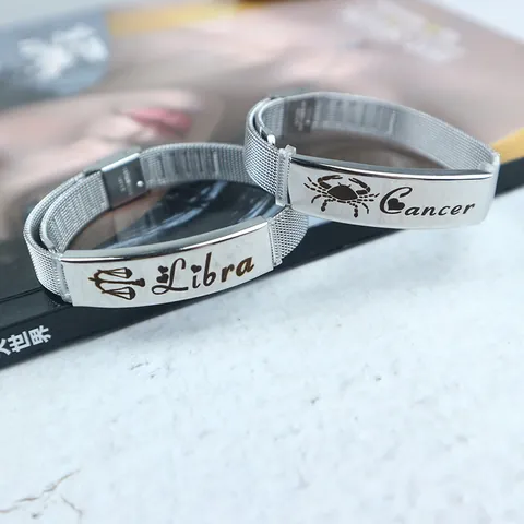 Zodiac Signs Couple Bracelet Titanium Steel Minimalist Mesh Band Bangle For Men Women Aries Gemini Leo Libra Jewelry Gift