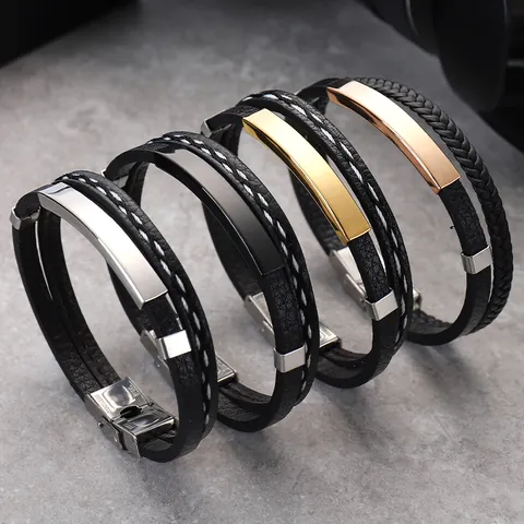 Retro Punk Edelstahl Geflochtenes Lederarmband Mehrlagig ID Steg Manschette Armband Lässig Charm Schmuck Geschenk Für Paare Unisex
