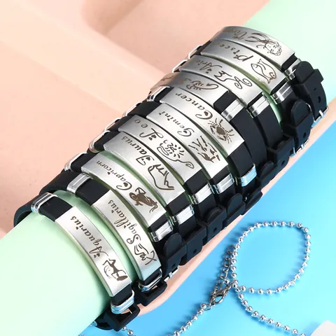 Twelve Constellation Silicone Stainless Steel Adjustable Bracelet Waterproof Couple Wristband Fashion Jewelry Gift For Men Women