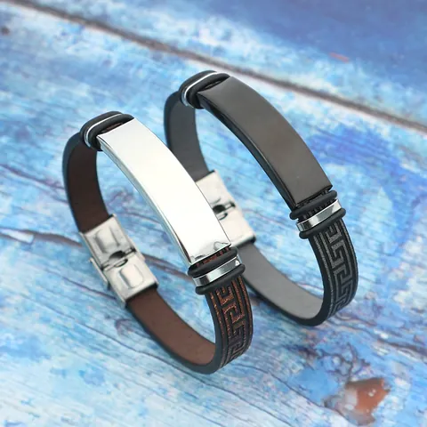 Bracciale da Uomo Vintage in Acciaio Inossidabile Pelle Artificiale Motivo a Greca Design Regolabile Targhetta ID Gioielli Fai da Te Regalo