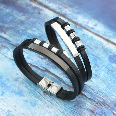 Vintage Geometric Braided Leather Bracelet For Men Stainless Steel Hip Hop Jewelry Multi Layer Wristband Wrist Strap