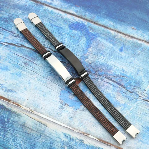 Bracciale da Uomo Vintage in Acciaio Inossidabile Pelle Artificiale Motivo a Greca Design Regolabile Targhetta ID Gioielli Fai da Te Regalo