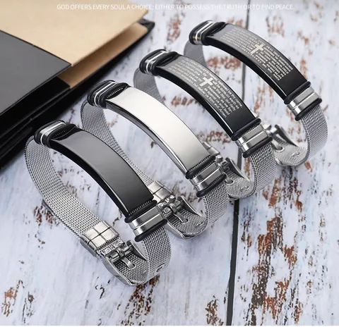 Titanium Steel Religious Cross Bracelet Lord's Prayer Engraved Mesh Band Adjustable Couple Jewelry For Men Women Gift