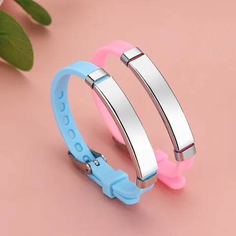Kids Adjustable Silicone ID Bracelet With Stainless Steel Plate Blank Tag Sport Wristband For Boys Girls Jewelry