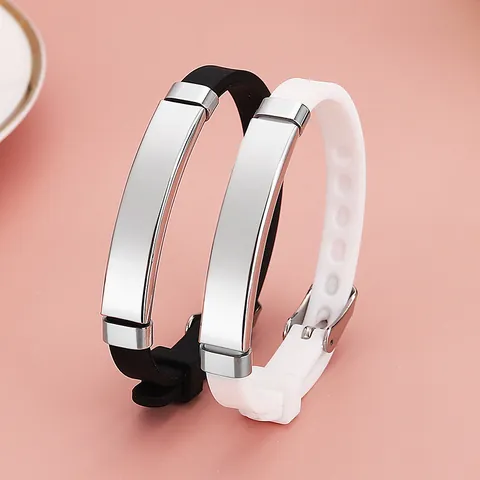 Kids Adjustable Silicone ID Bracelet With Stainless Steel Plate Blank Tag Sport Wristband For Boys Girls Jewelry
