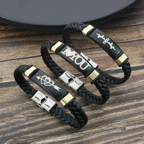 Vintage Handmade Braided Leather Bracelet For Men Women Stainless Steel Heart Skull Tree Of Life Eagle Scorpion Heartbeat Pattern Bracelet Retro Punk Jewelry