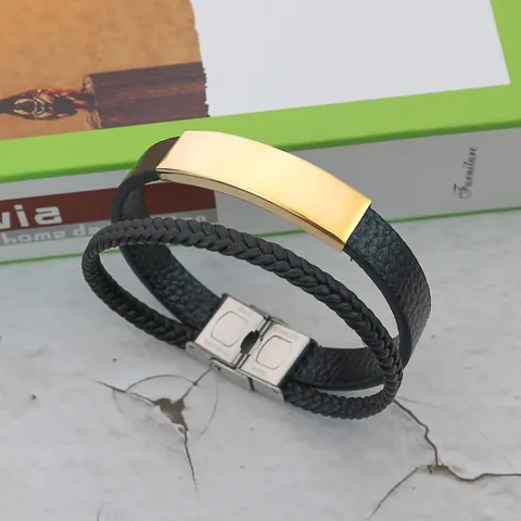 Men Vintage Braided Leather Bracelet Stainless Steel Bar DIY Engravable Double Layer Wrap Wristband Retro Jewelry Gift For Him