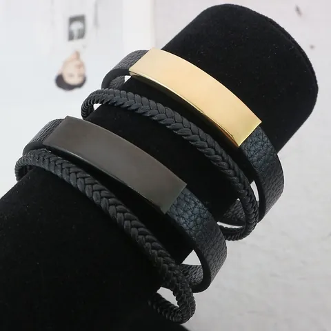 Men Vintage Braided Leather Bracelet Stainless Steel Bar DIY Engravable Double Layer Wrap Wristband Retro Jewelry Gift For Him
