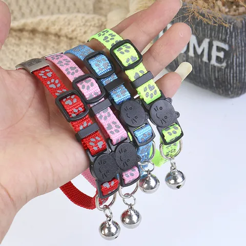 Adjustable Reflective Pet Collar With Bell And Stainless Steel ID Tag Nylon Braided Footprint Pattern Neck Strap For Cats And Dogs
