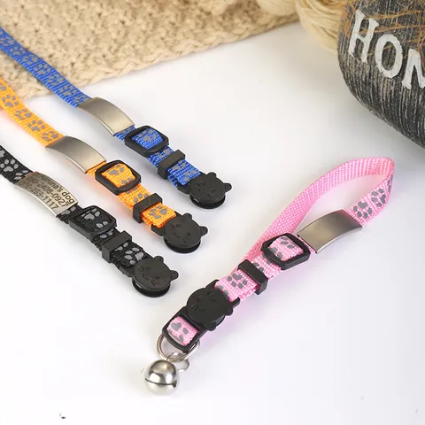 Adjustable Reflective Pet Collar With Bell And Stainless Steel ID Tag Nylon Braided Footprint Pattern Neck Strap For Cats And Dogs