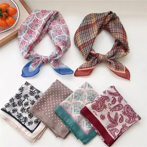 Retro Paisley Floral Polka Dot Square Scarf Women Polyester Silk Like Neck Scarf Hair Band Headscarf Small Shawl Wrap