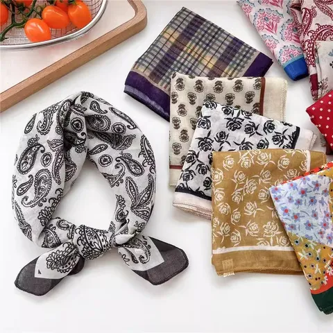 Retro Paisley Floral Polka Dot Square Scarf Women Polyester Silk Like Neck Scarf Hair Band Headscarf Small Shawl Wrap