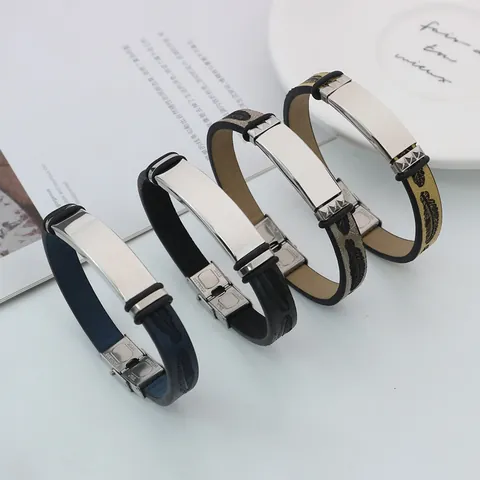 Mode Poliert Edelstahl Armband Lederband Blatt Muster Blank Metallplatte Geometrische Manschette Armband Für Herren Damen Paar Schmuck