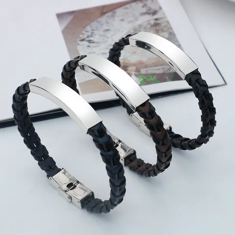 Edelstahl Geflochtenes Lederarmband Minimalistisch Blanko ID Bar Polierte Platte Gedrehtes Armband Für Damen Herren Schmuck