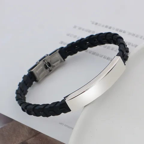Edelstahl Geflochtenes Lederarmband Minimalistisch Blanko ID Bar Polierte Platte Gedrehtes Armband Für Damen Herren Schmuck