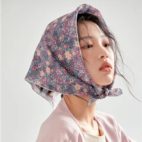 French Vintage Floral Cotton Scarf For Women Retro Print Square Headscarf Sun Protection Bandana For Beach Summer Travel