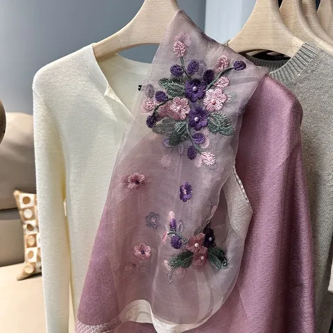 Begonia Floral Embroidered Artificial Pearl Beaded Scarf For Women 40% Mulberry Silk 60% Wool Thin Shawl Vintage Style Spring Autumn Neck Scarf