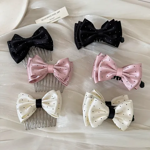 French Style Polka Dot Bow Hair Comb And Banana Clip Elegant Fabric Stainless Steel Hairpin For Women Daily Hair Accessories