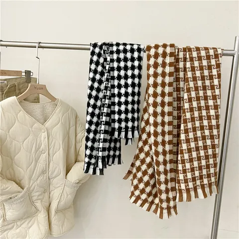 Bufanda de Cuadros Estilo Coreano Imitación Cachemira para Mujer Invierno Gruesa Cálida Chal con Borlas Mezcla de Poliéster y Algodón Bufanda