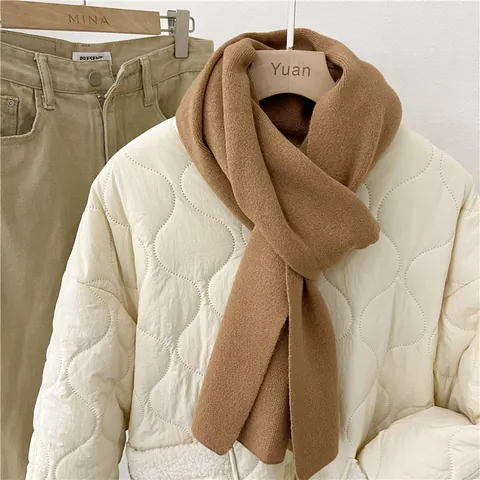 Damen Winter Warm Alpaka Mischung Strickschal Weich Koreanischer Minimalismus Einfarbig Schal mit Lederetikett Eleganter Ins Stil Wrap