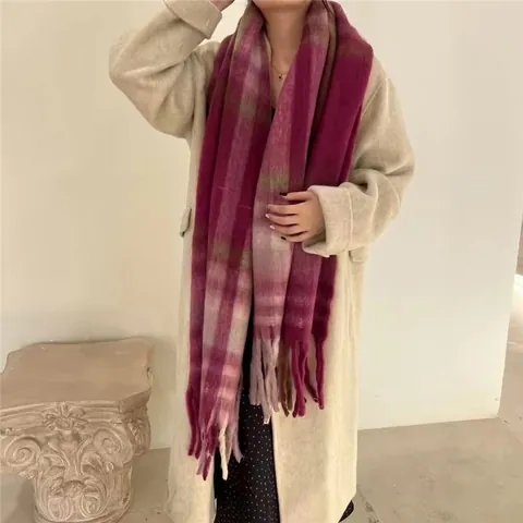 Écharpe d'Hiver à Carreaux Rayée pour Femmes Hommes Écharpe Épaisse Effet Mohair Avec Grosses Tresses Chaude Longue Écharpe Tricotée Châle
