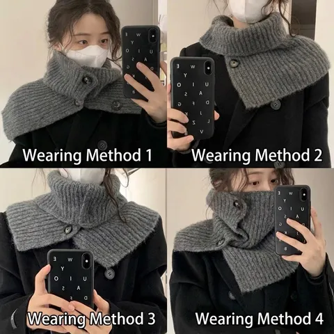 Women Retro Knitted Button Neck Warmer Korean Style Winter Warm Scarf Solid Color Knitted Shawl Neck Gaiter Wrap For Outdoor Daily