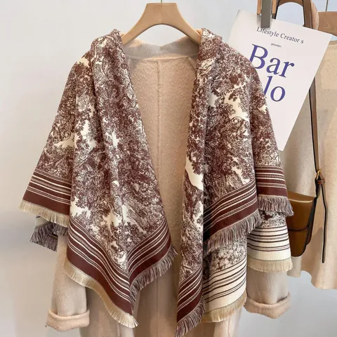 Women's Retro Polyester Toile De Jouy Scenery Print Square Shawl Scarf With Tassels Large Warm Wrap For Office Metro