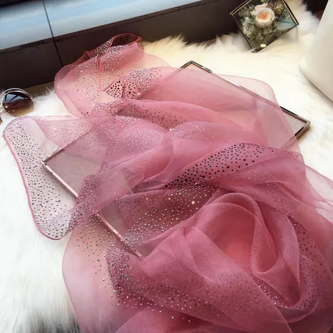 Foulard en Soie Perle d'Eau Douce Élégant Pour Femmes Châle Strass Étoilé Luxe Coréen Armatura Tela Couleur Unie Long