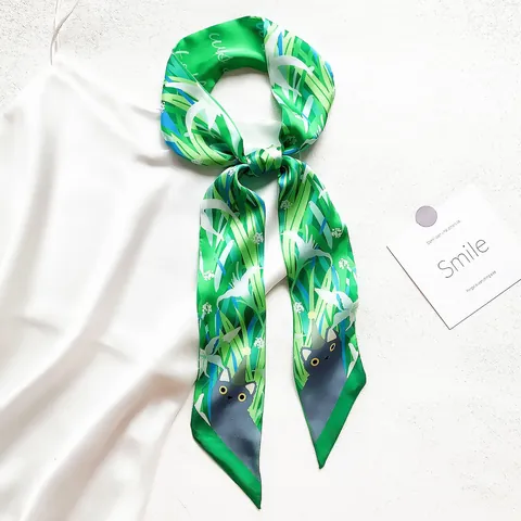 Foulard Skinny en Satin de Style Coréen pour Femmes Imprimé Floral Chat Long Ruban Attache Cheveux Bande de Cou