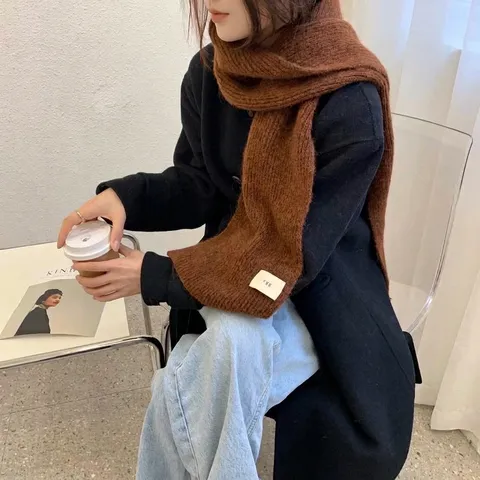 Winter Warm Knitted Scarf For Women Men Thickened Soft Mohair Wool Blend Scarf Solid Color Neck Protection