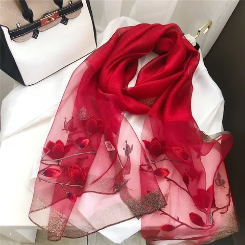 Mulberry Silk Wool Blend Floral Butterfly Embroidered Scarf Elegant Lightweight Pashmina Shawl Warm Winter Wrap For Women