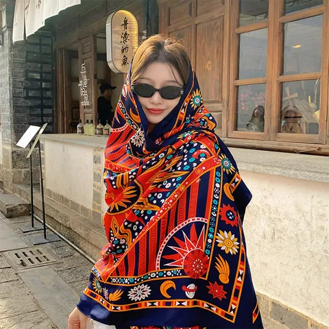 Bufanda de Algodón Lino con Estampado de Totem Floral Etnico Bohemio Chal Largo con Borlas Vintage Viaje para Mujer Diario
