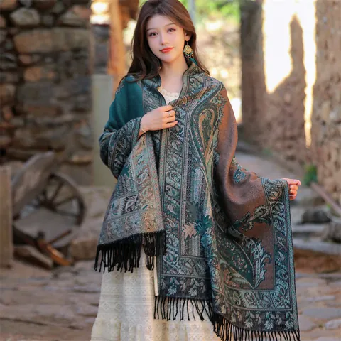 Women Ethnic Bohemian Paisley Shawl Scarf Thickened Jacquard Imitation Cashmere Scarf With Tassel For Travel Photography