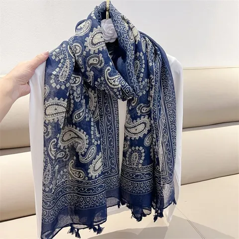 Retro Ethnic Style Women Polyester Paisley Print Scarf Lightweight Shawl With Tassel Decorative Pashmina For All Seasons