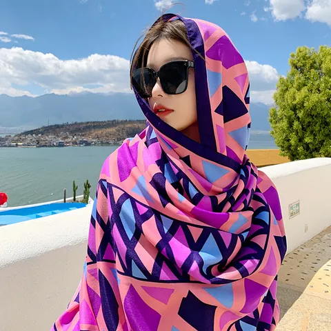 Ethnic Style Printed Polyester Scarf Women Summer Beach Sun Protection Shawl Vacation Travel Long Scarf