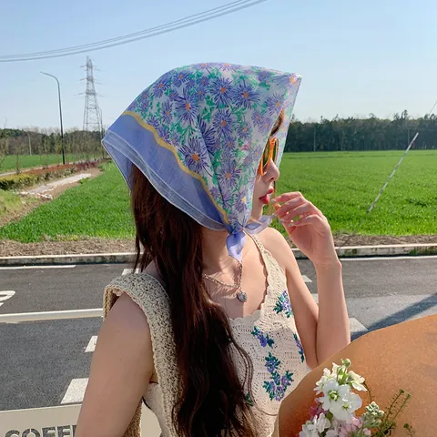 Women Cotton Linen Floral Square Scarf Headband For Summer Beach Sun Protection Floral Headscarf Bandana For Vacation