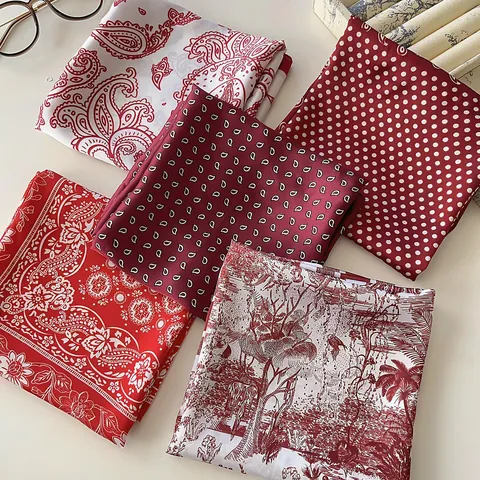 Women American Retro Red Paisley Satin Square Scarf French Style Printed Neck Scarf Belt Decorative Hair Scarf For Daily Wear