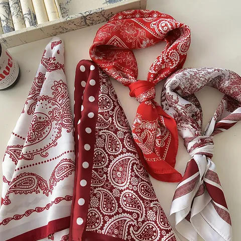 Women American Retro Red Paisley Satin Square Scarf French Style Printed Neck Scarf Belt Decorative Hair Scarf For Daily Wear