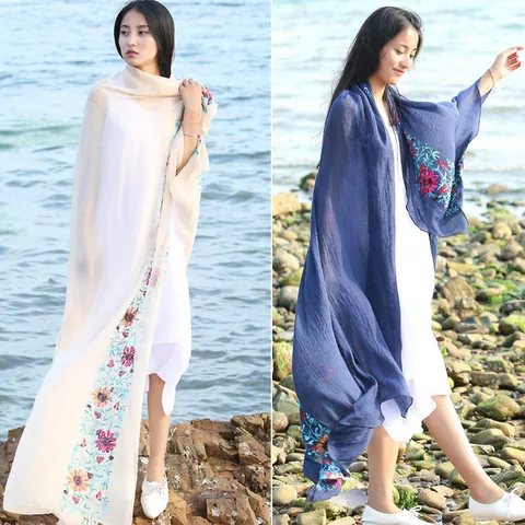 Ethnic Floral Embroidery Beach Shawl Sunscreen Bohemian Summer Scarf For Women Travel Vacation Long Wrap Polyester Embroidered Shawl