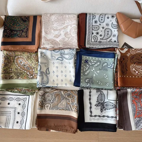 Vintage Paisley Print Square Scarf For Women Polyester Satin Silk Like Neckerchief Fashion Headscarf Literary Bandana Scarf