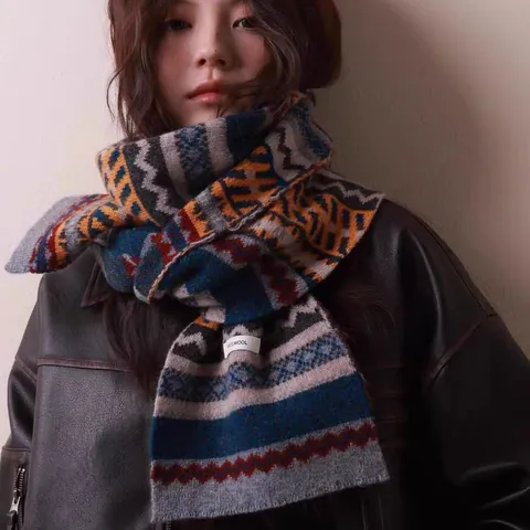 100% Pure Wool Knitted Scarf For Women Men Winter Warm Striped Vintage Fashion Color Block Soft Long Pashmina Shawl Neck Warmer