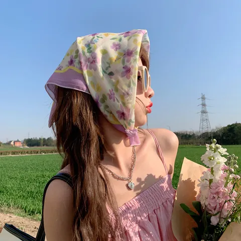 Women Floral Print Small Square Scarf Literary Fresh Thin Headscarf Neckerchief For Summer Hair Accessory