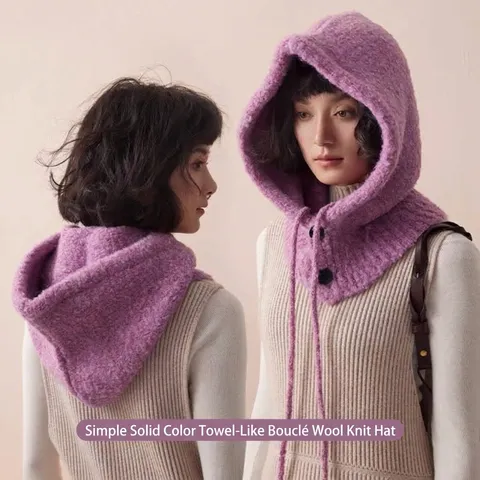 Dames Winter Warm Wolmix Bivakmuts Gebreide Muts Sjaal Geïntegreerd Effen Kleur Capuchon Sjaal Met Knoppen Koord