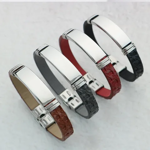 Minimalist Stainless Steel Artificial Leather Bracelet For Couples Polished Metal Bar Engravable Bangle Unisex Hand Jewelry Gift